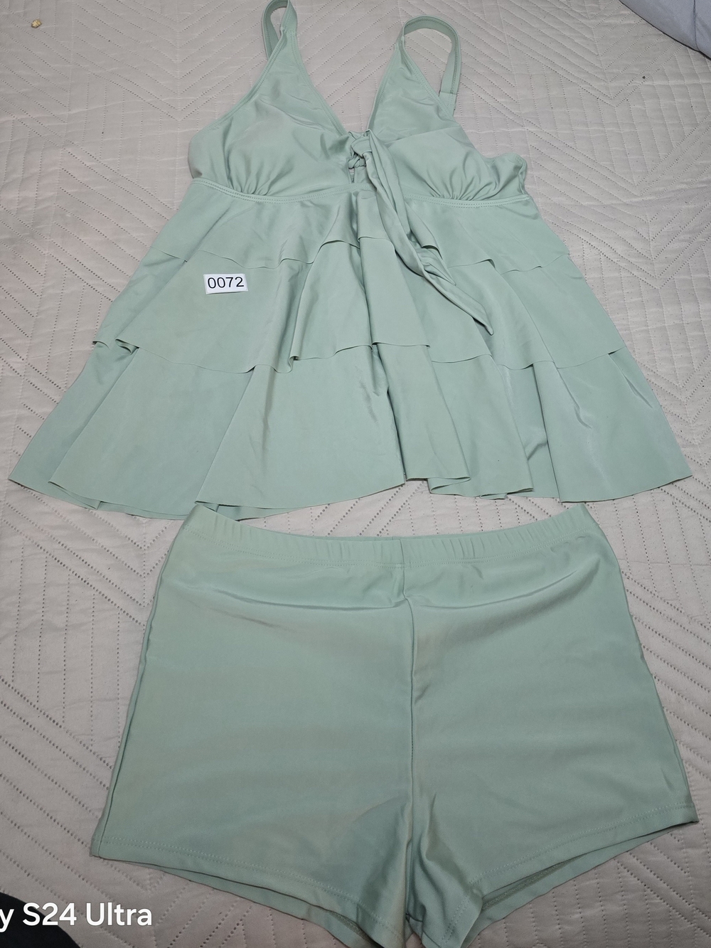 Women’s 3 Pices Mint And Navi Tiered Skirted Swim Set with Shorts